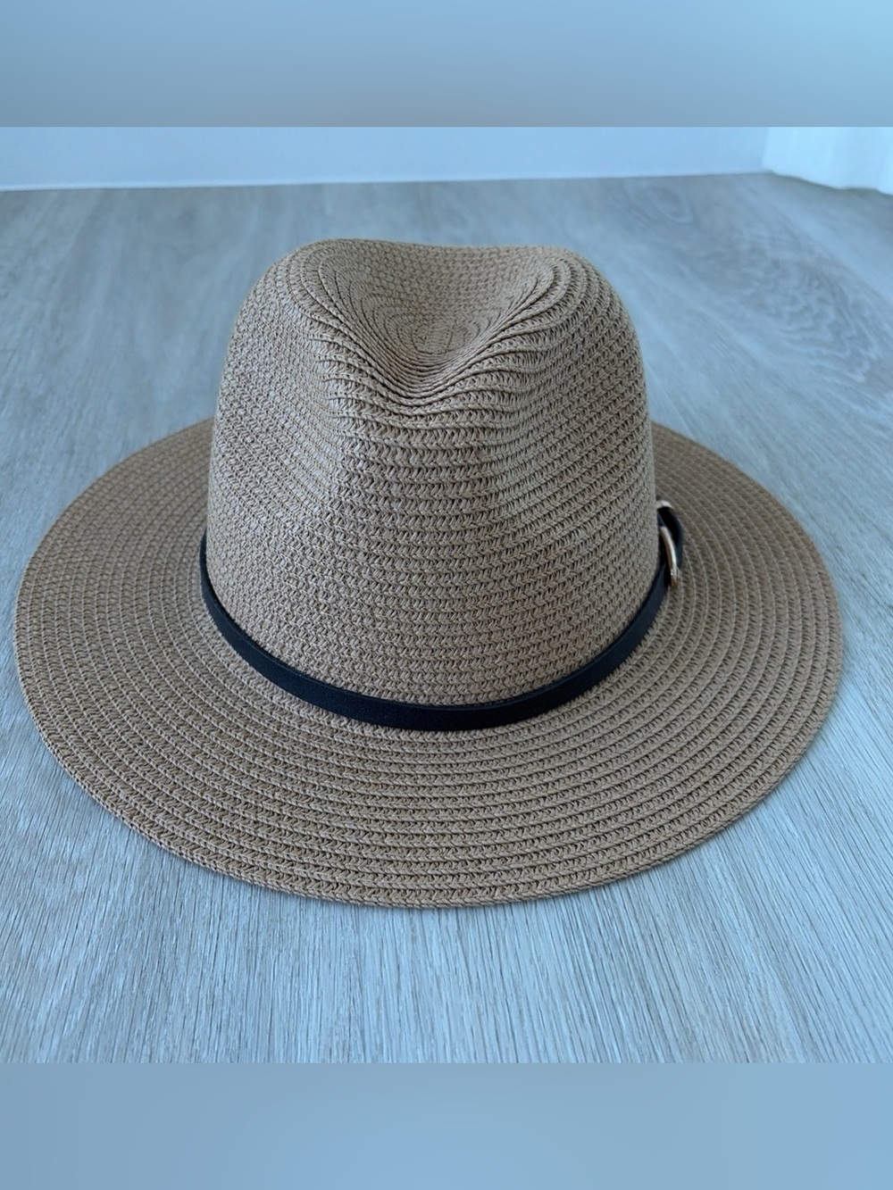 Straw Fedora Hat Natural Raffia Paper Black Belt Band Wide Brim Boho Beach